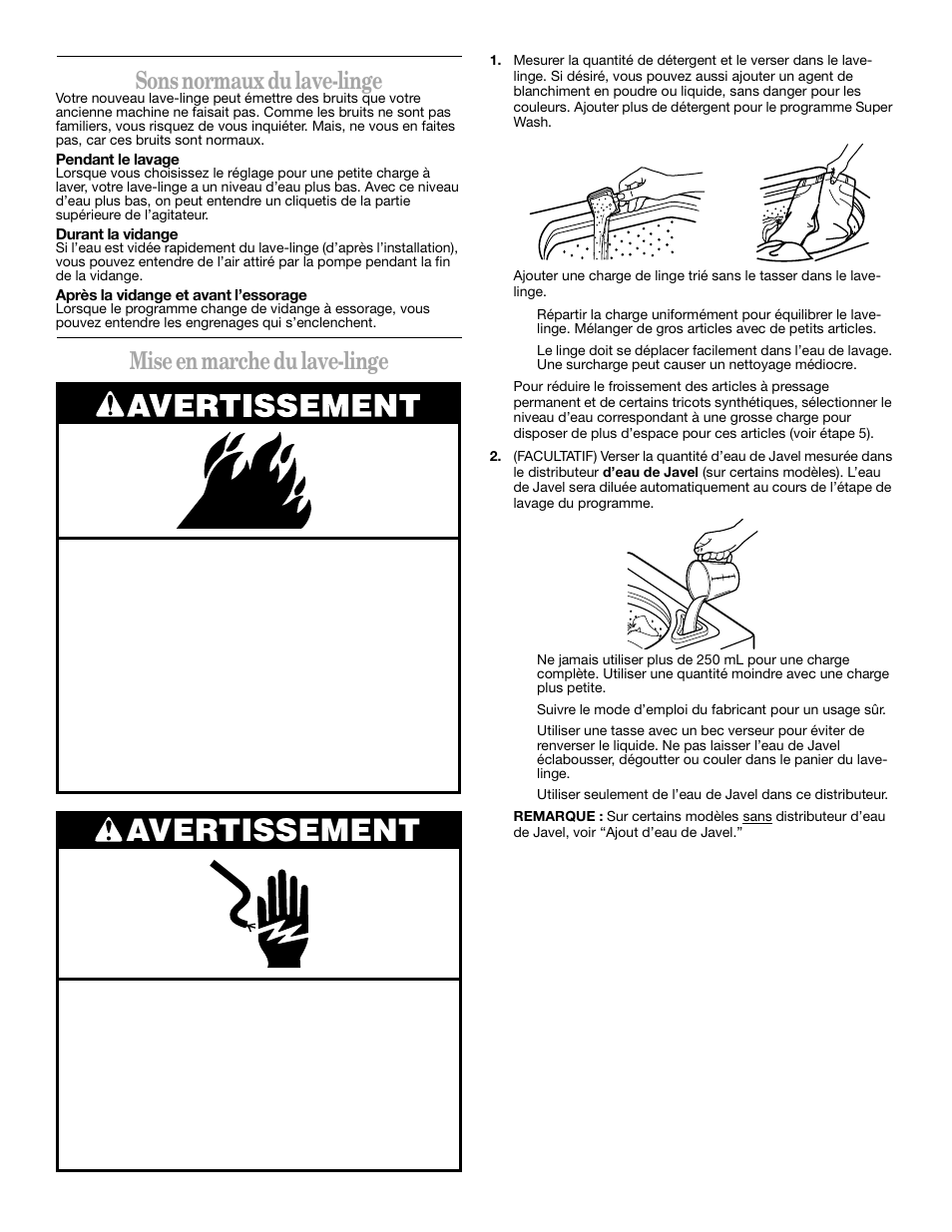 Avertissement, Sons normaux du lave-linge, Mise en marche du lave-linge | Whirlpool 3XLSQ7533 User Manual | Page 27 / 35