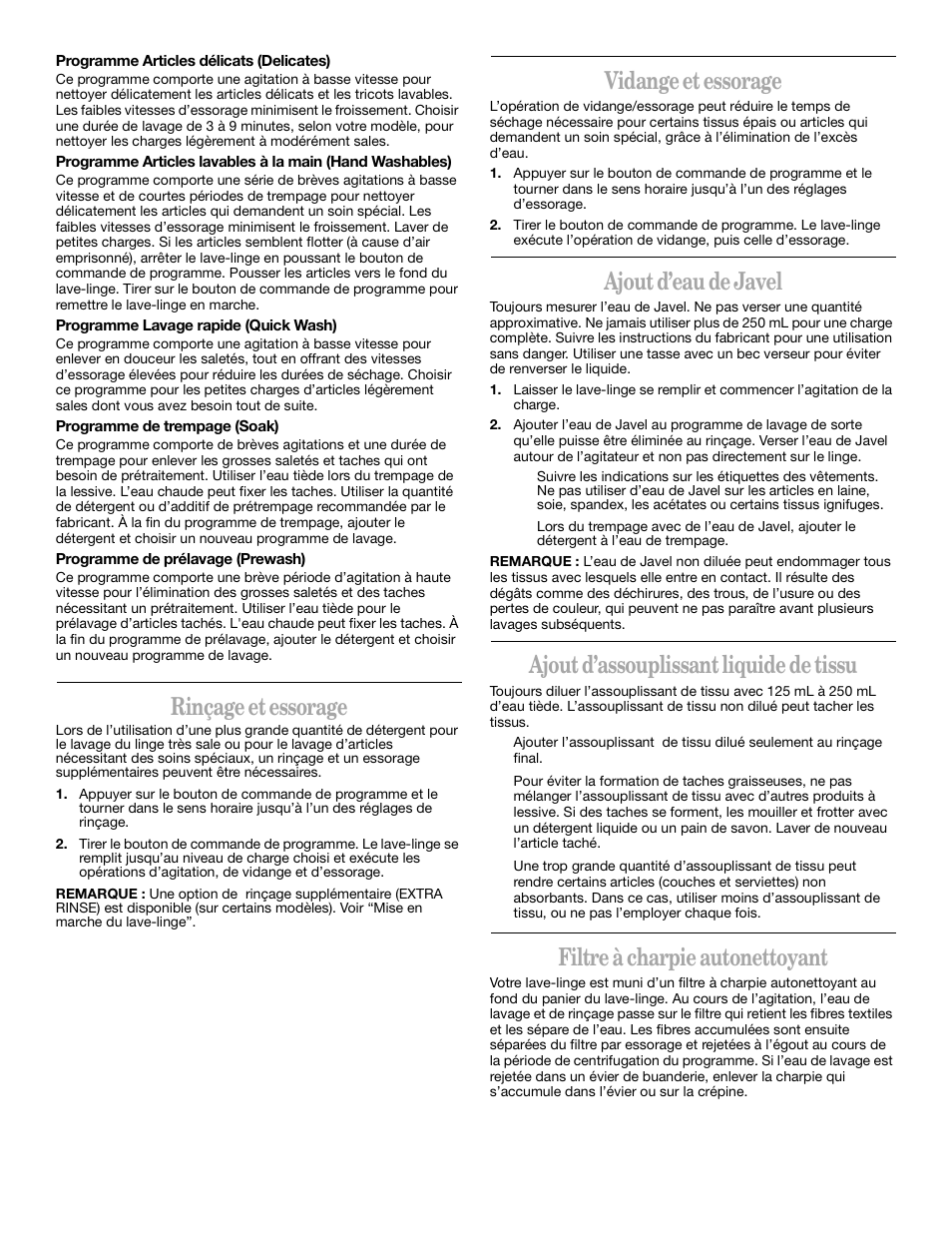 Rinçage et essorage, Vidange et essorage, Ajout d’eau de javel | Ajout d’assouplissant liquide de tissu, Filtre à charpie autonettoyant | Whirlpool 3XLSQ7533 User Manual | Page 30 / 35