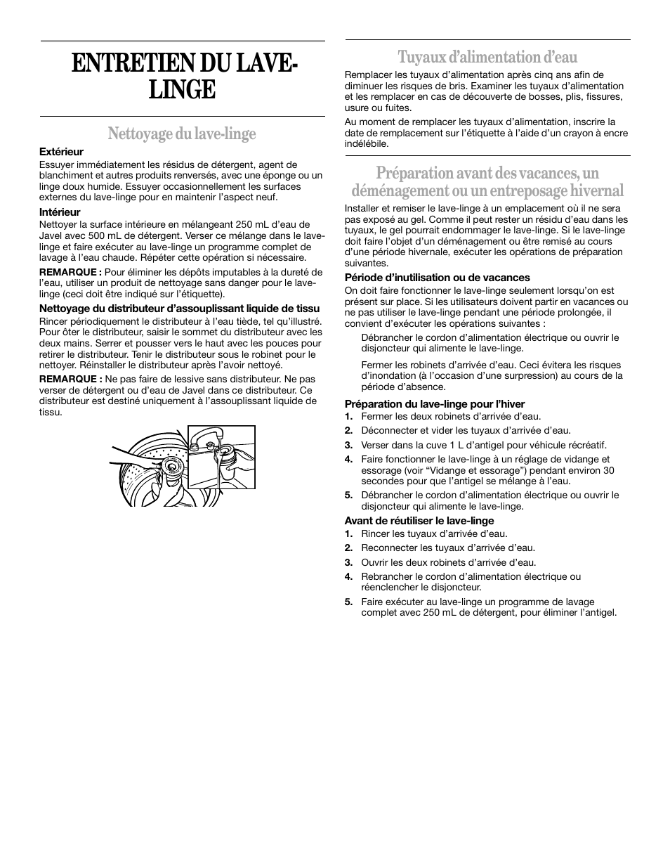 Entretien du lave-linge, Entretien du lave- linge, Nettoyage du lave-linge | Tuyaux d’alimentation d’eau | Whirlpool 3XLSQ7533 User Manual | Page 31 / 35