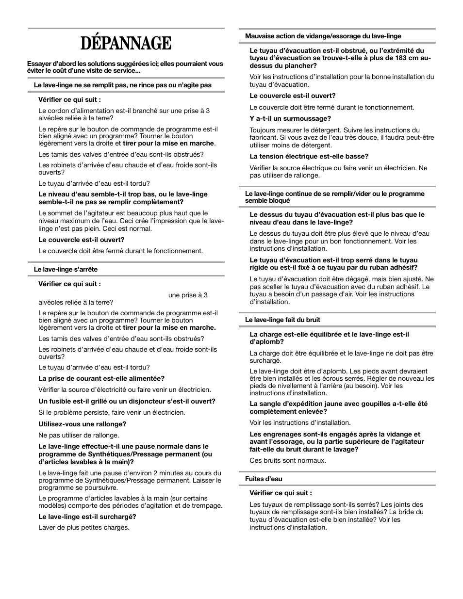 Dépannage | Whirlpool 3XLSQ7533 User Manual | Page 32 / 35