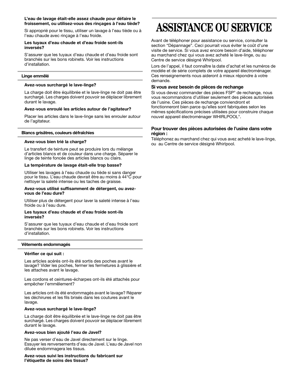 Assistance ou service | Whirlpool 3XLSQ7533 User Manual | Page 34 / 35