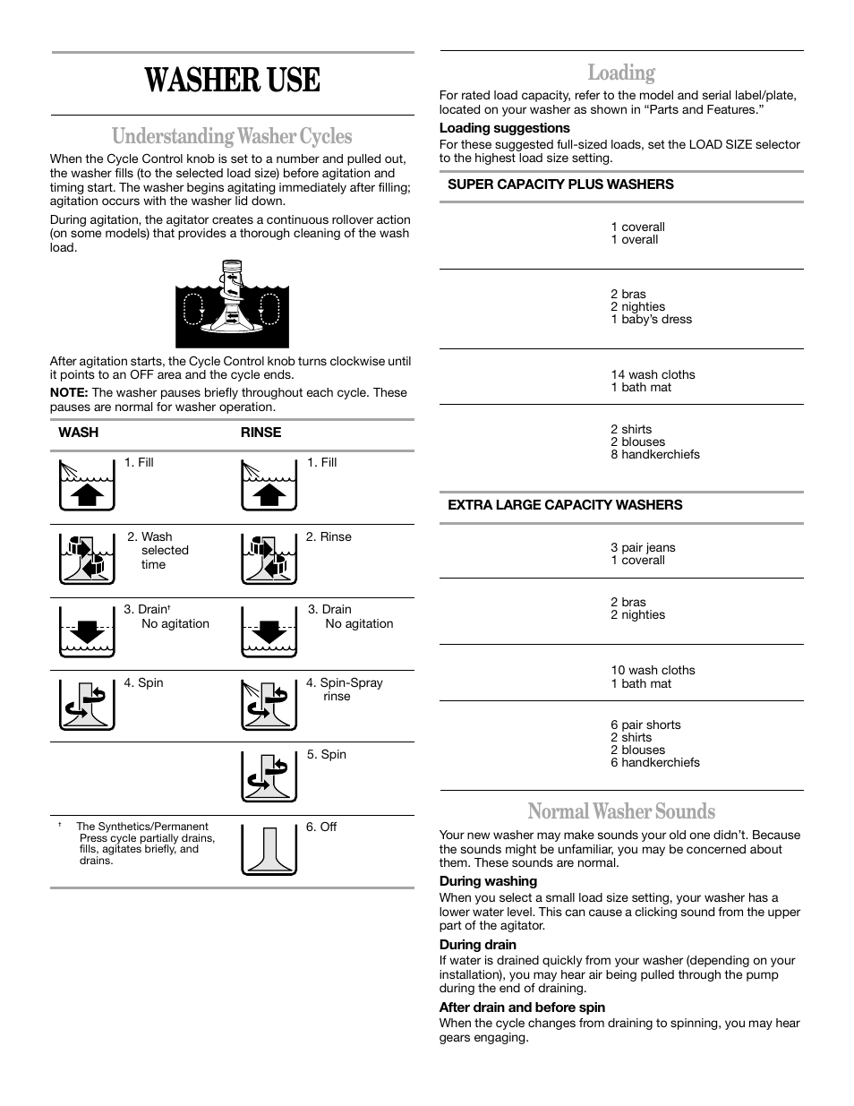 Washer use, Understanding washer cycles, Loading | Normal washer sounds | Whirlpool 3XLSQ7533 User Manual | Page 5 / 35