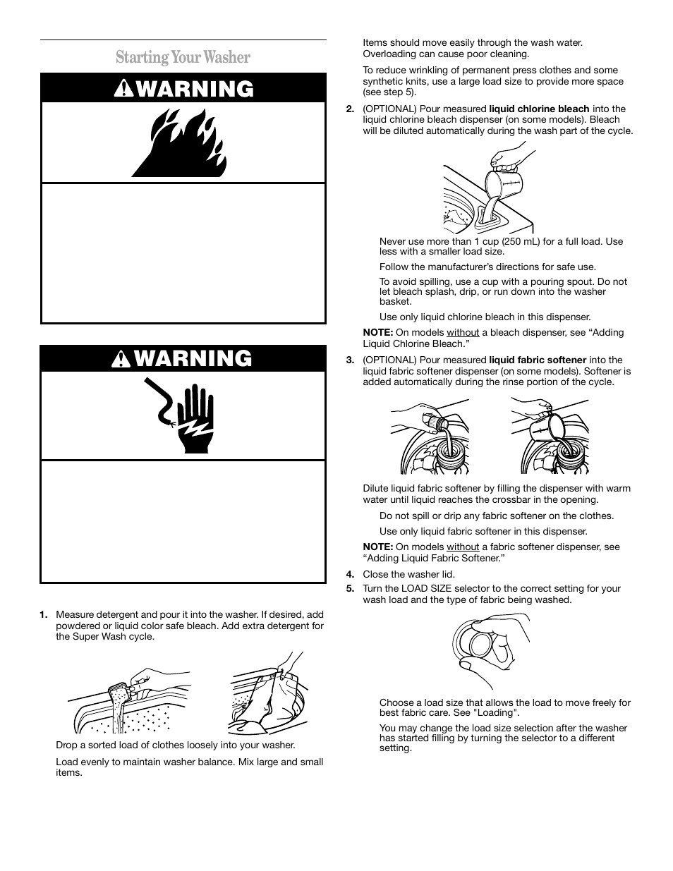 Warning, Starting your washer | Whirlpool 3XLSQ7533 User Manual | Page 6 / 35