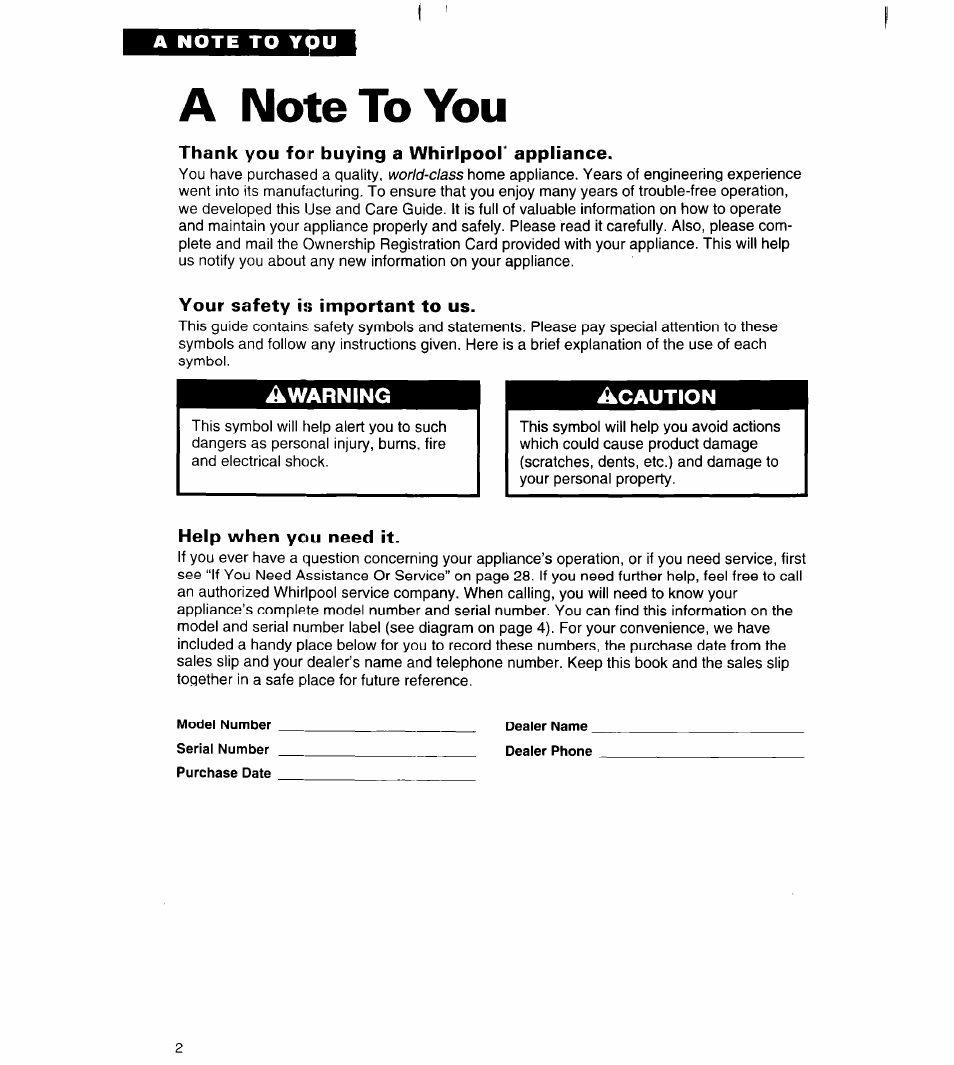 A note to you | Whirlpool 3VED27DQ User Manual | Page 2 / 30