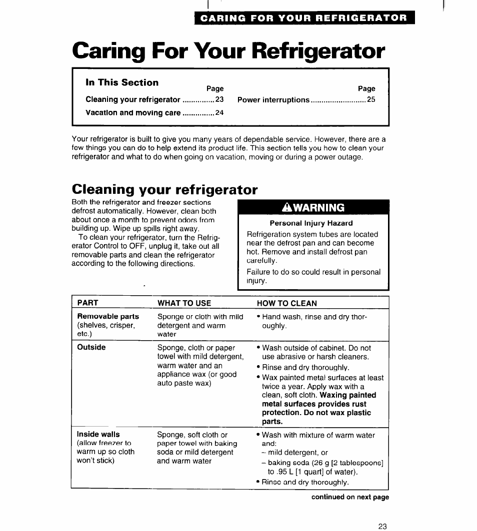 Caring for your refrigerator, Cleaning your refrigerator, Awarning | Whirlpool 3VED27DQ User Manual | Page 23 / 30