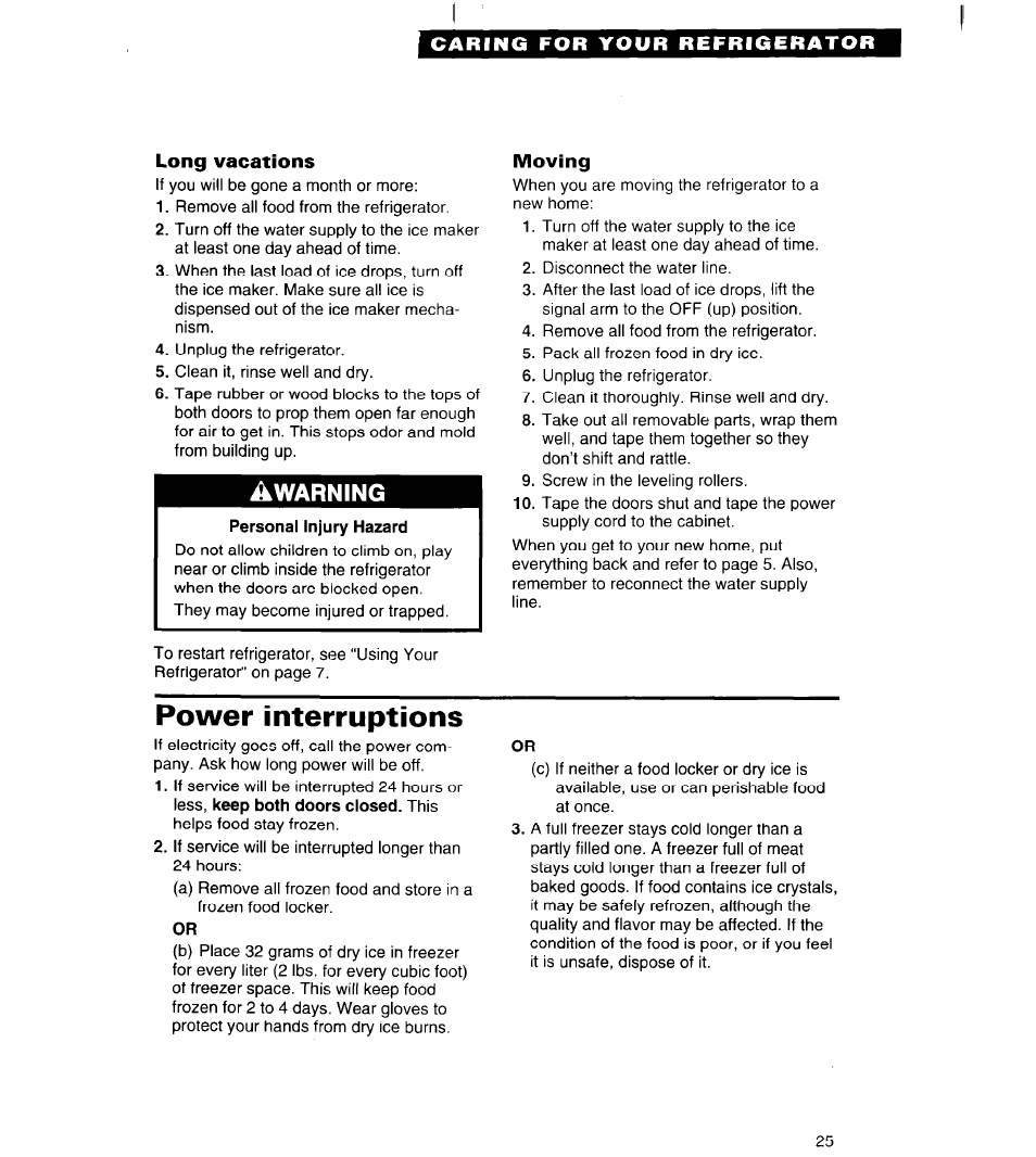 Long vacations, Moving, Power interruptions | Whirlpool 3VED27DQ User Manual | Page 25 / 30