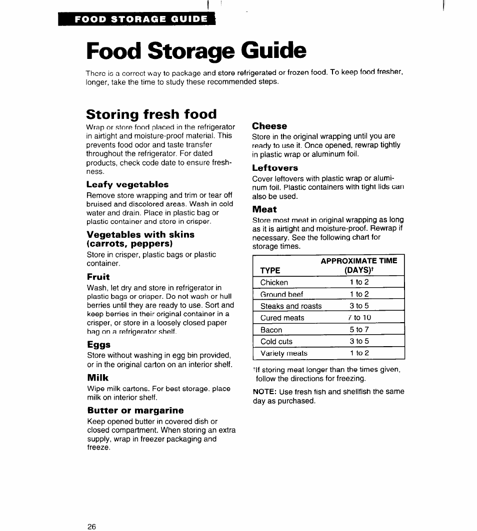 Food storage guide, Storing fresh food, Leafy vegetables | Vegetables with skins (carrots, peppers), Fruit, Eggs, Milk, Butter or margarine, Cheese, Leftovers | Whirlpool 3VED27DQ User Manual | Page 26 / 30
