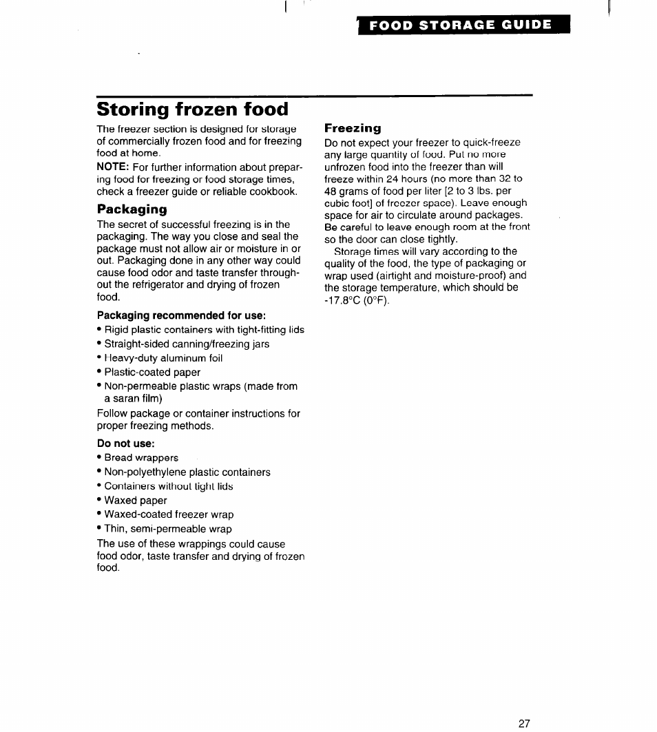 Storing frozen food, Do not use | Whirlpool 3VED27DQ User Manual | Page 27 / 30