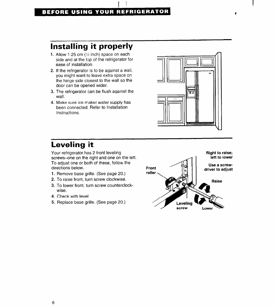 Installing it properly, Leveling it | Whirlpool 3VED27DQ User Manual | Page 6 / 30