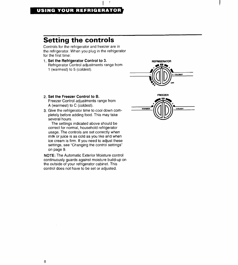 Setting the controls, Set the refrigerator control to 3, Set the freezer control to b | Whirlpool 3VED27DQ User Manual | Page 8 / 30