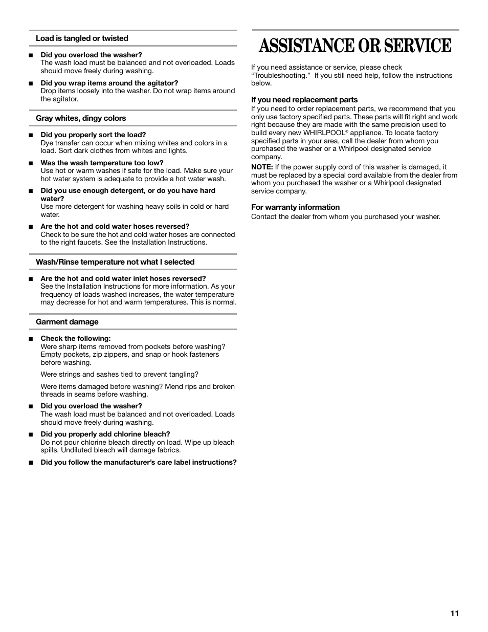 Assistance or service | Whirlpool 2DLSQ8000JQ3 User Manual | Page 11 / 20