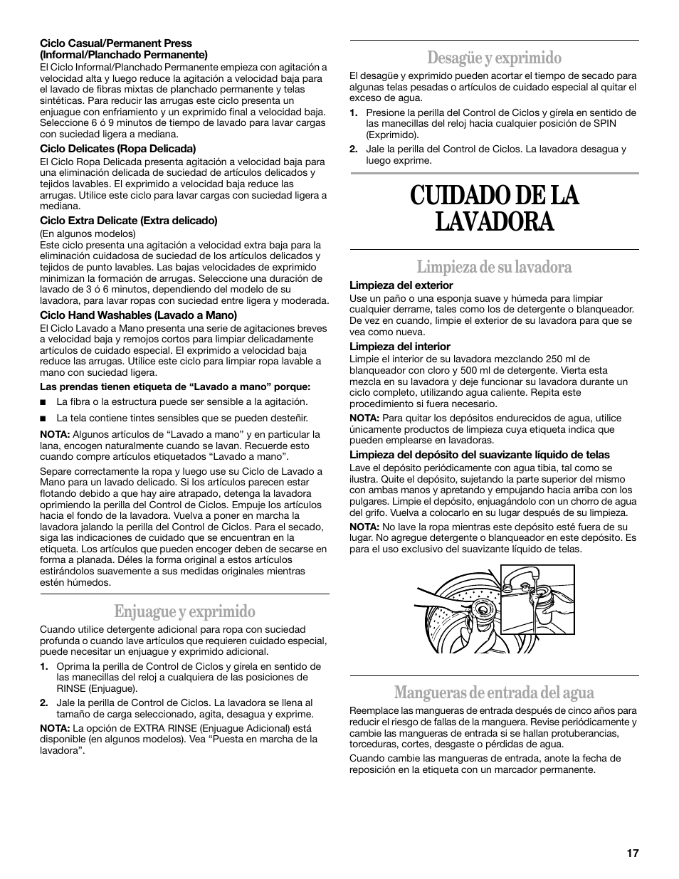 Cuidado de la lavadora, Enjuague y exprimido, Desagüe y exprimido | Limpieza de su lavadora, Mangueras de entrada del agua | Whirlpool 2DLSQ8000JQ3 User Manual | Page 17 / 20