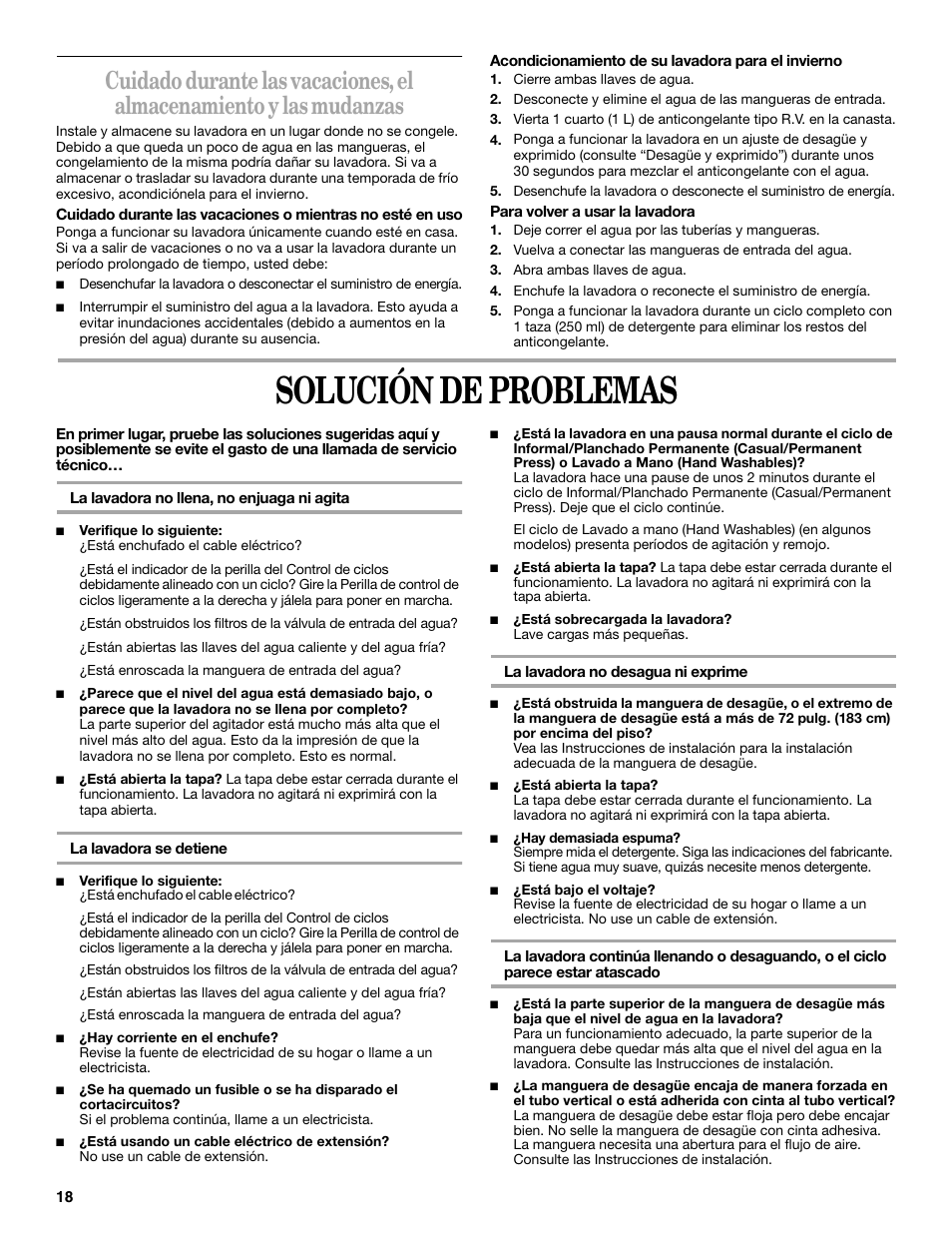 Solución de problemas | Whirlpool 2DLSQ8000JQ3 User Manual | Page 18 / 20