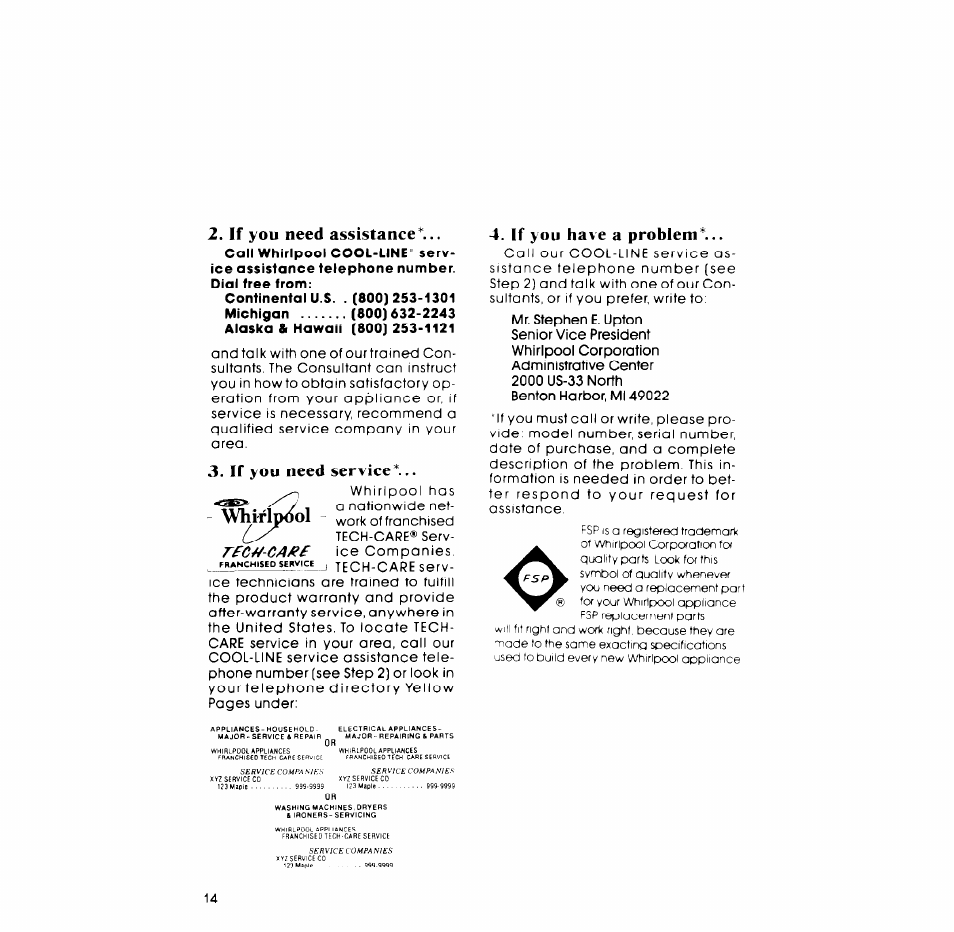 If you need service, If you have a problem, If you need assistance | Whirlpi^ol, Rfc^-ca/?e | Whirlpool LA53OOXP User Manual | Page 14 / 16