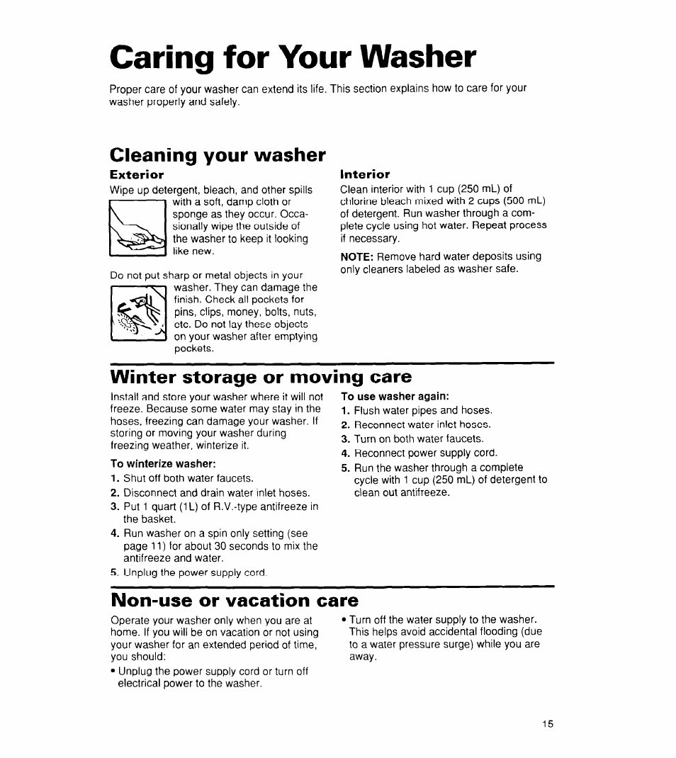 Caring for your washer, Cleaning your washer, Exterior | Interior, Winter storage or moving care, To winterize washer, To use washer again, Non-use or vacation care, Operating your washer, Starting your washer | Whirlpool CCW5264EW0 User Manual | Page 15 / 26