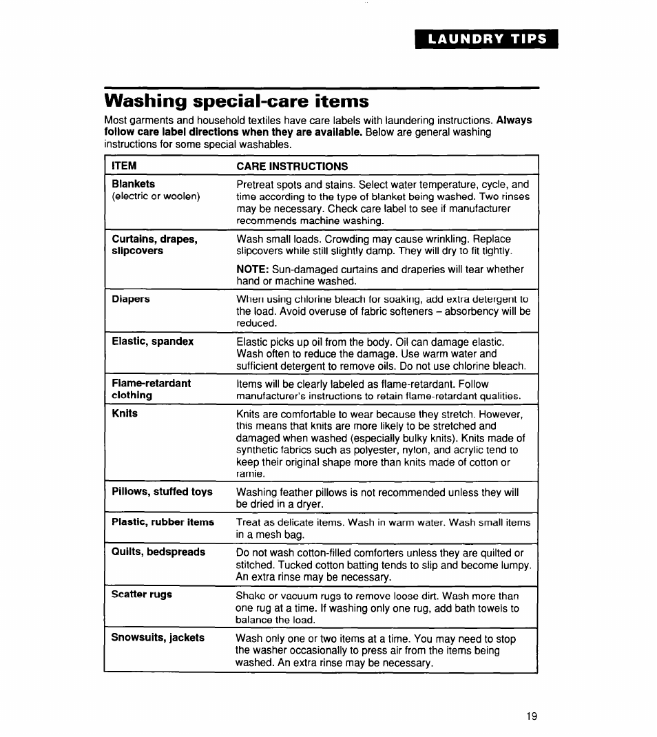 Washing special-care items | Whirlpool CCW5264EW0 User Manual | Page 19 / 26