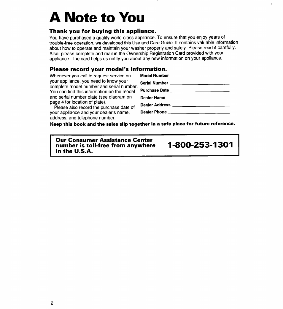 A note to you, Thank you for buying this appliance, Please record your model's information | Whirlpool CCW5264EW0 User Manual | Page 2 / 26