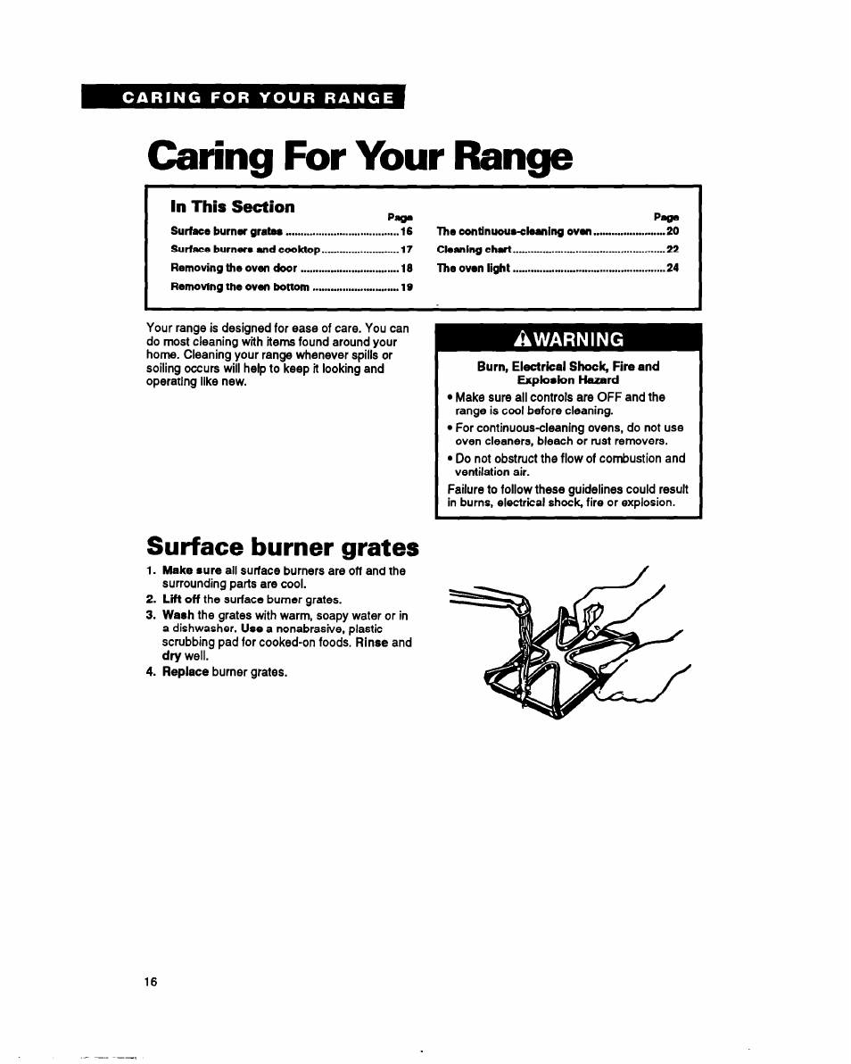 Caring for your range, Surface burner grates, Warning | Whirlpool SF317PEY User Manual | Page 16 / 28