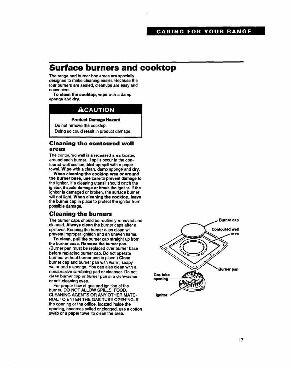 Surface burners and cooktop, Caution, Cleaning the contoured well areas | Cleaning the burners | Whirlpool SF317PEY User Manual | Page 17 / 28