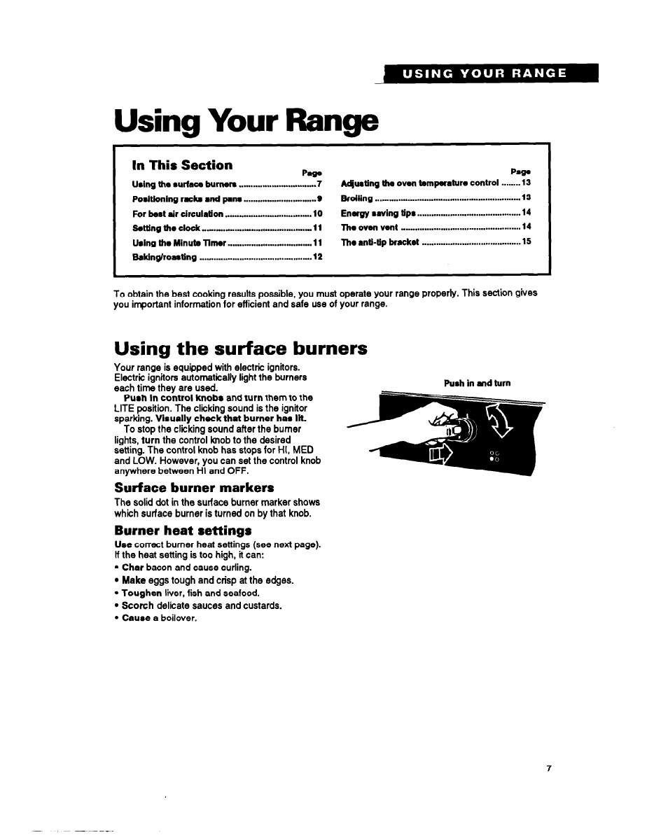 Using your range, Using the surface burners, Surface burner markers | Burner heat settings | Whirlpool SF317PEY User Manual | Page 7 / 28