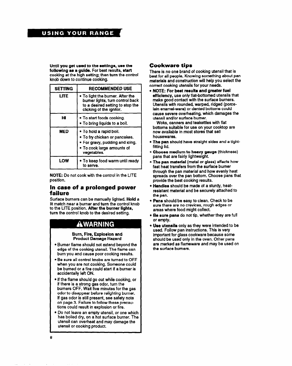 In case of a prolonged power failure, Warning, Cookware tips | Whirlpool SF317PEY User Manual | Page 8 / 28