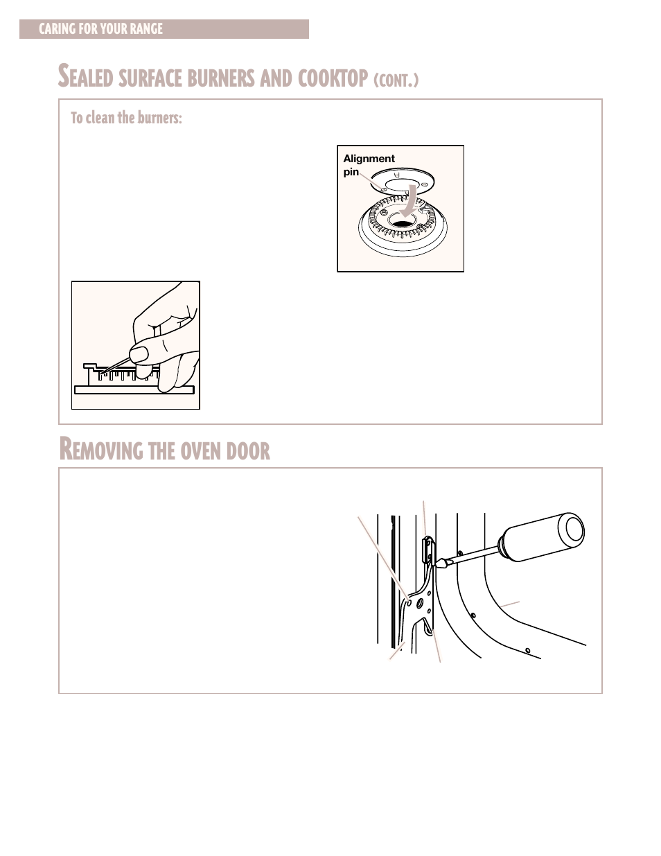 Removing the oven door, Ealed surface burners and cooktop, Emoving the oven door | Cont, Caring for your range | Whirlpool CGS365H User Manual | Page 24 / 32