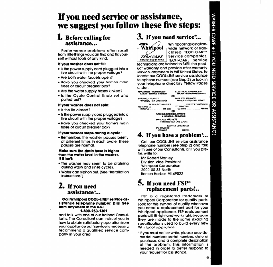 2« if you need assistance, If you have a problem, If you need fsp® replacement partst | Whirlpool LA3800XS User Manual | Page 11 / 12
