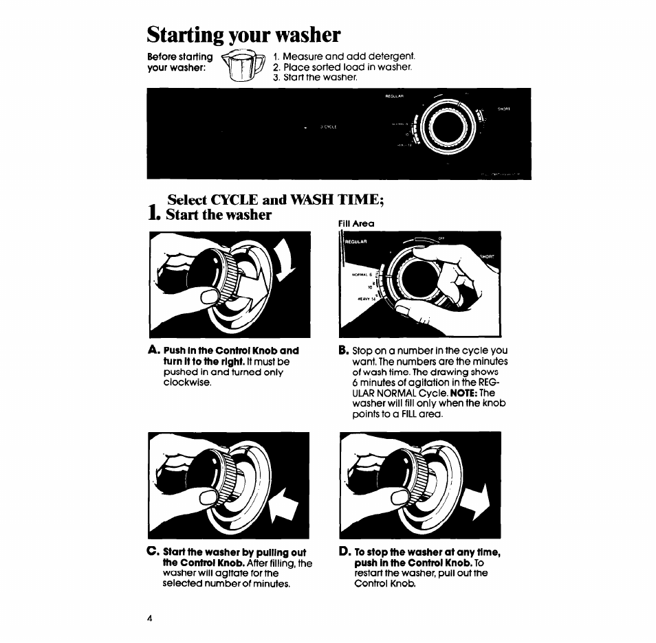 Starting your washer, Select cycle and wash time; start the washer | Whirlpool LA3800XS User Manual | Page 4 / 12
