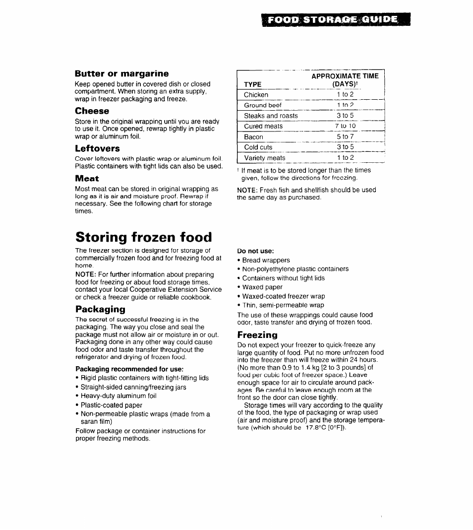 Fooh^ staraììe^l»f, Butter or margarine, Cheese | Leftovers, Meat, Storing frozen food, Packaging, Freezing, Fooh^ staraììe^l»f butter or margarine | Whirlpool 6ED25DQ User Manual | Page 21 / 24