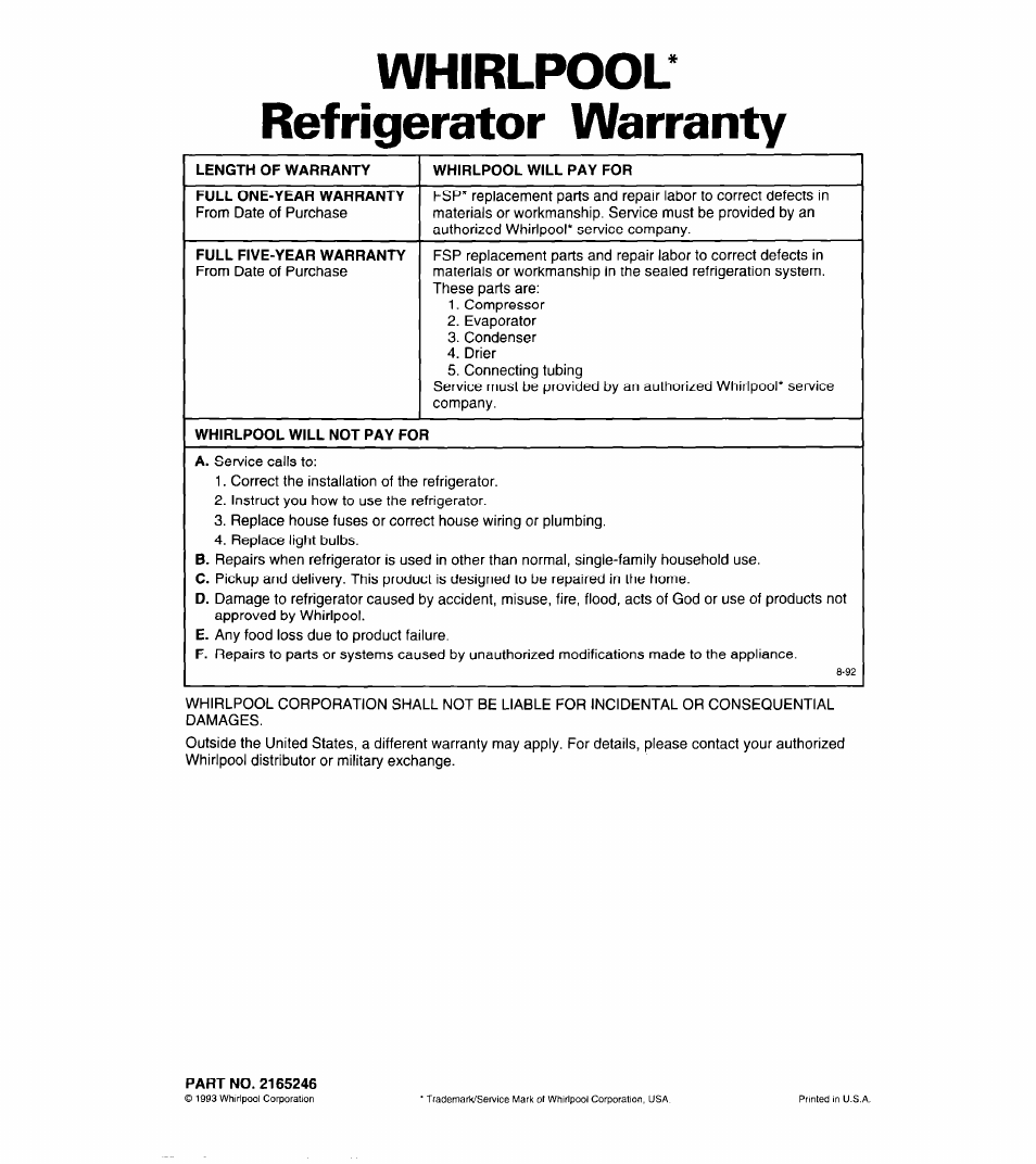 Whirlpool* refrigerator warranty | Whirlpool 6ED25DQ User Manual | Page 24 / 24