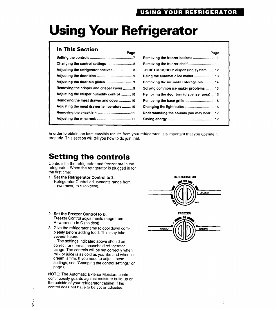 Using your refrigerator, Setting the controls | Whirlpool 6ED25DQ User Manual | Page 7 / 24