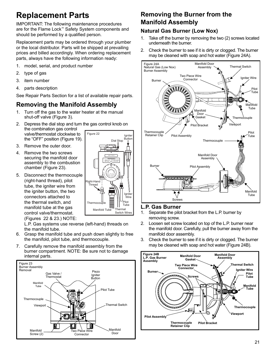 Replacement parts, Removing the manifold assembly, Removing the burner from the manifold assembly | Natural gas burner (low nox), L.p. gas burner | Whirlpool SG1J4040T3NOV 7K User Manual | Page 21 / 32