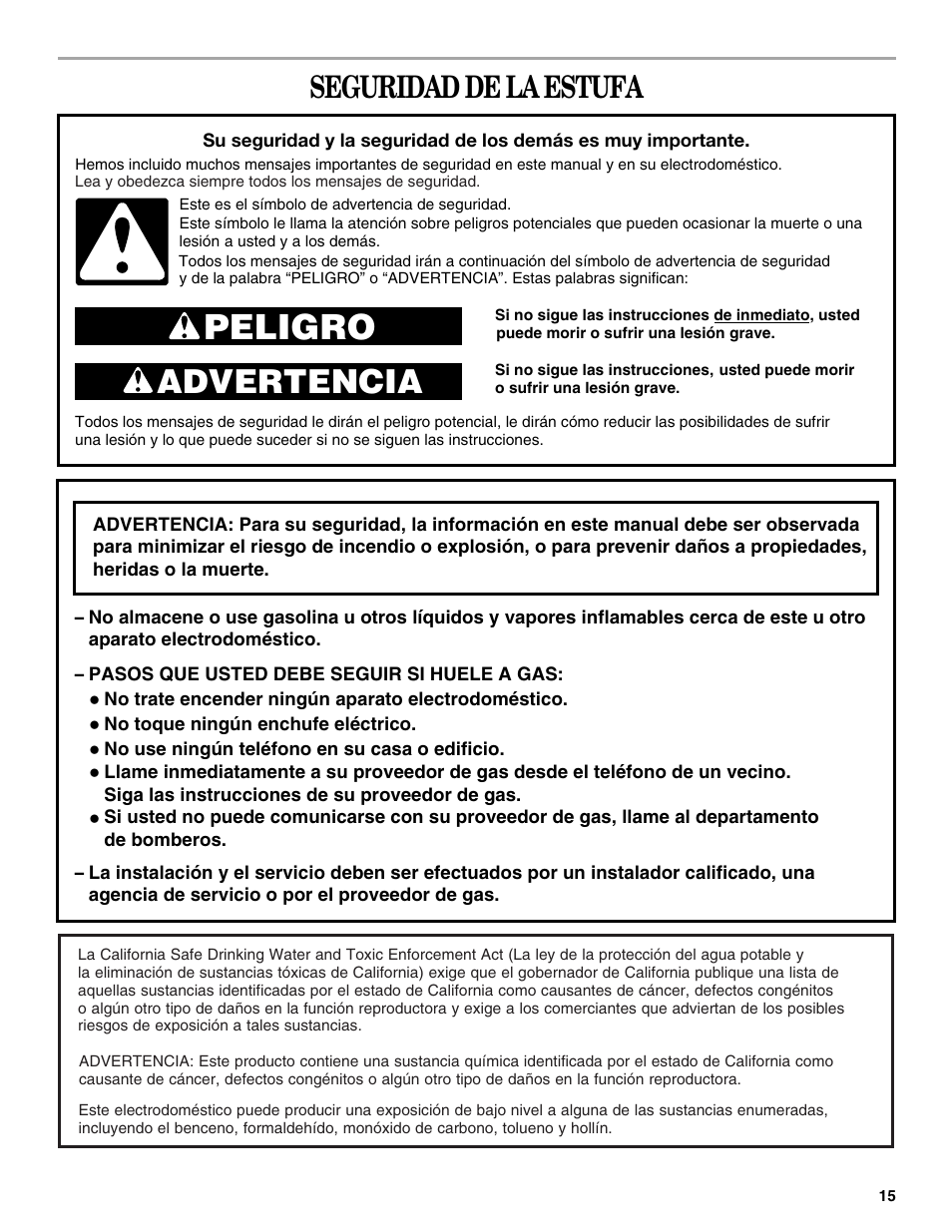 Peligro, Advertencia, Seguridad de la estufa | Whirlpool 98017488 User Manual | Page 15 / 28
