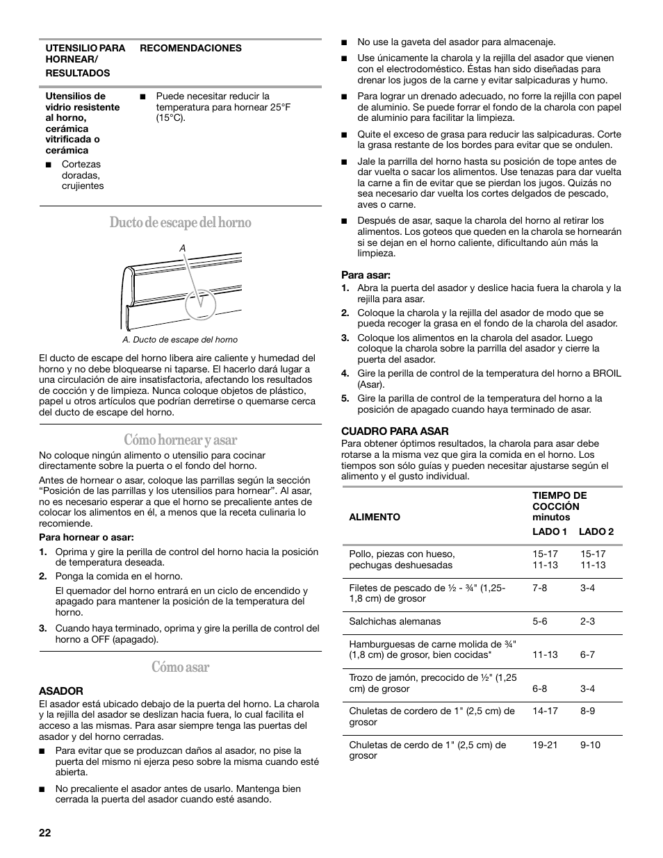 Ducto de escape del horno, Cómo hornear y asar, Cómo asar | Whirlpool 98017488 User Manual | Page 22 / 28