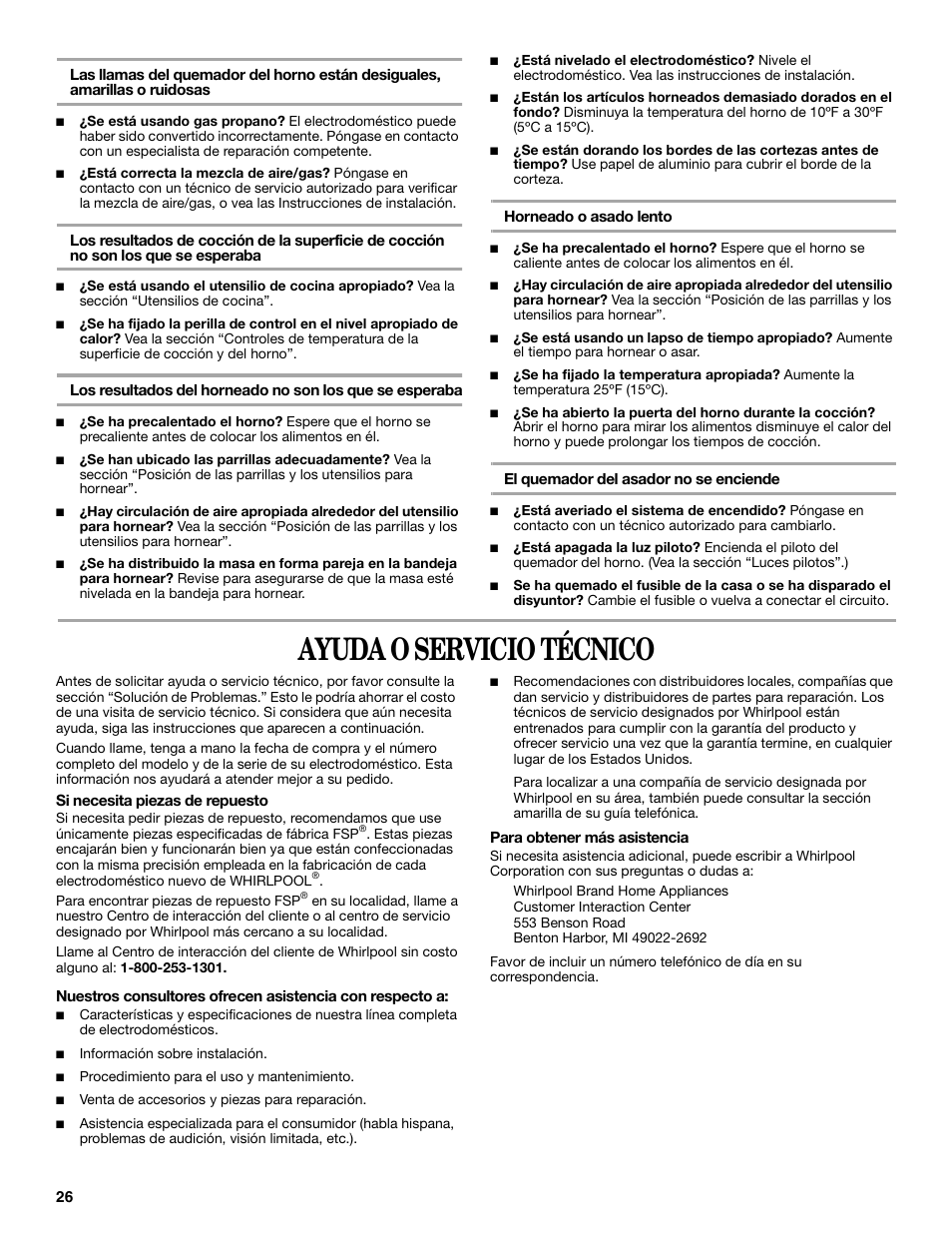 Ayuda o servicio técnico | Whirlpool 98017488 User Manual | Page 26 / 28