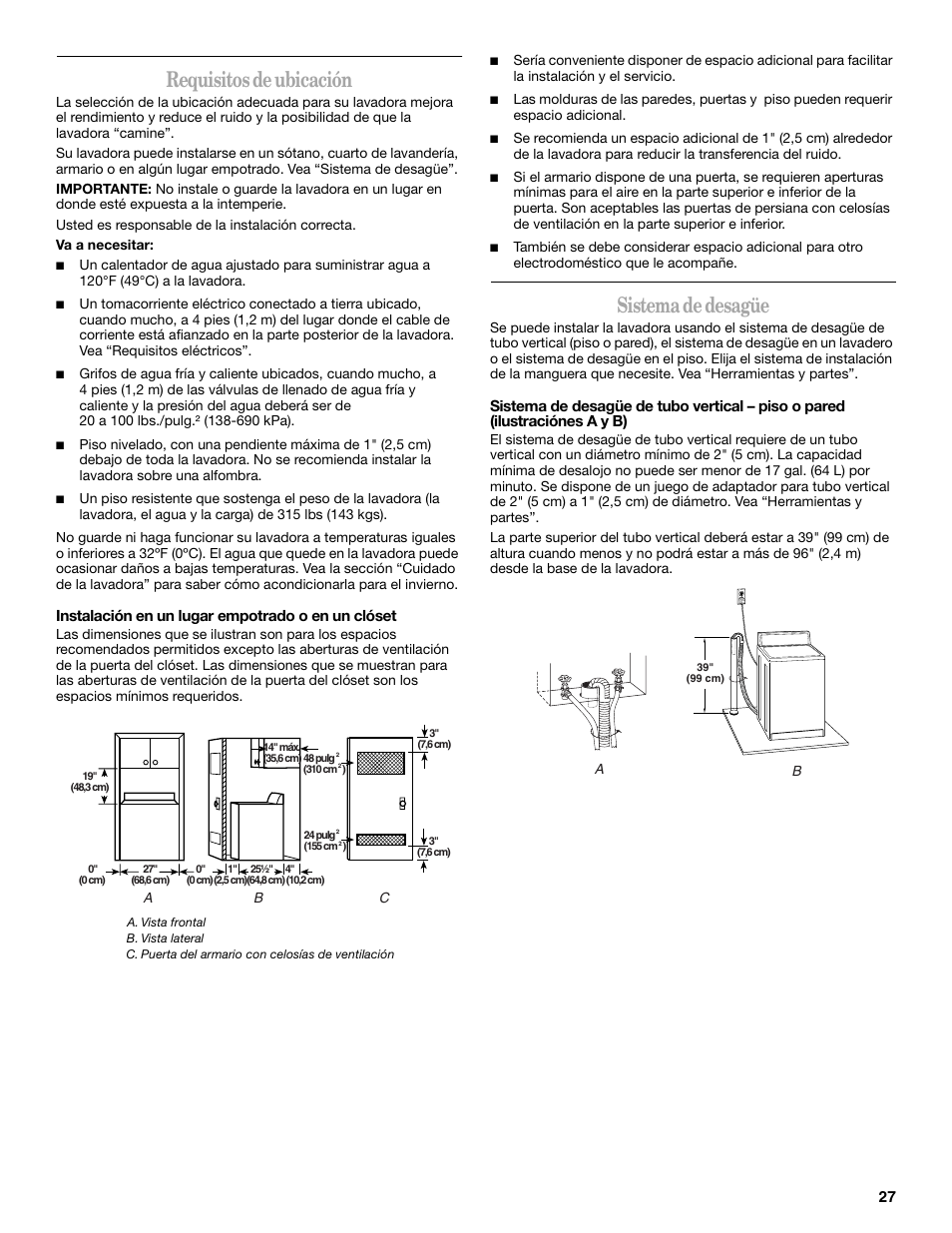 Requisitos de ubicación, Sistema de desagüe | Whirlpool GVW9959KL2 User Manual | Page 27 / 68