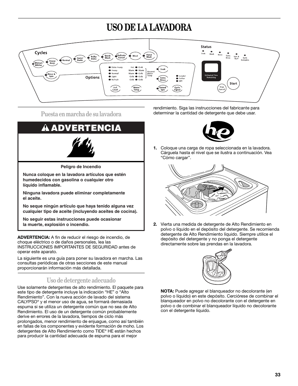 Uso de la lavadora, Advertencia, Puesta en marcha de su lavadora | Uso de detergente adecuado | Whirlpool GVW9959KL2 User Manual | Page 33 / 68