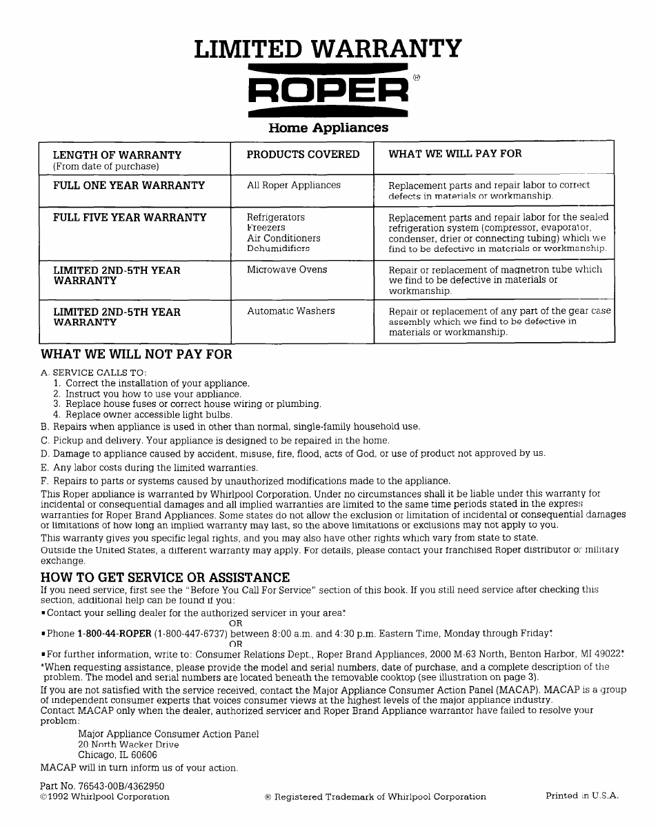 What we will not pay for, How to get service or assistance, Limited warranty | Whirlpool FGP210V User Manual | Page 12 / 12