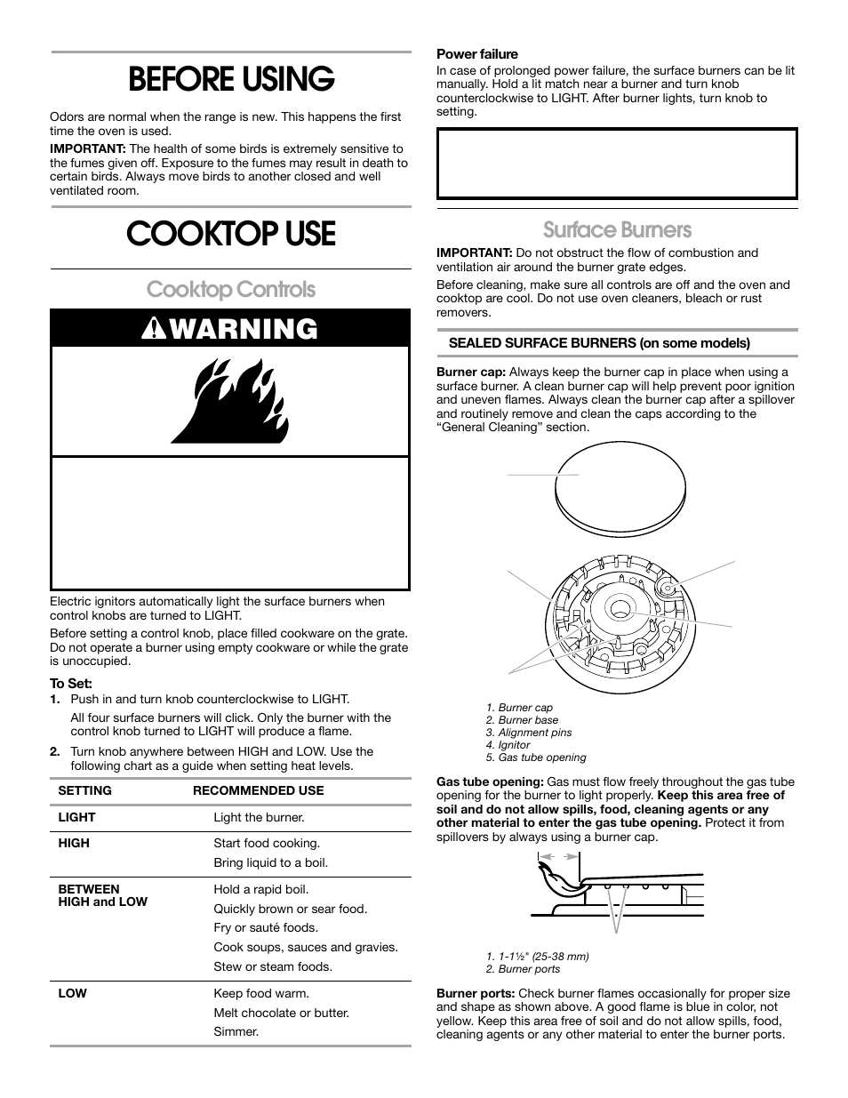 Before using, Cooktop use, Warning | Cooktop controls, Surface burners | Whirlpool FGP337H User Manual | Page 6 / 16