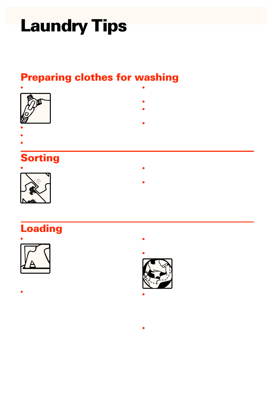 Laundry tips, Preparing clothes for washing, Sorting | Loading | Whirlpool LSC8244EQ0 User Manual | Page 14 / 28