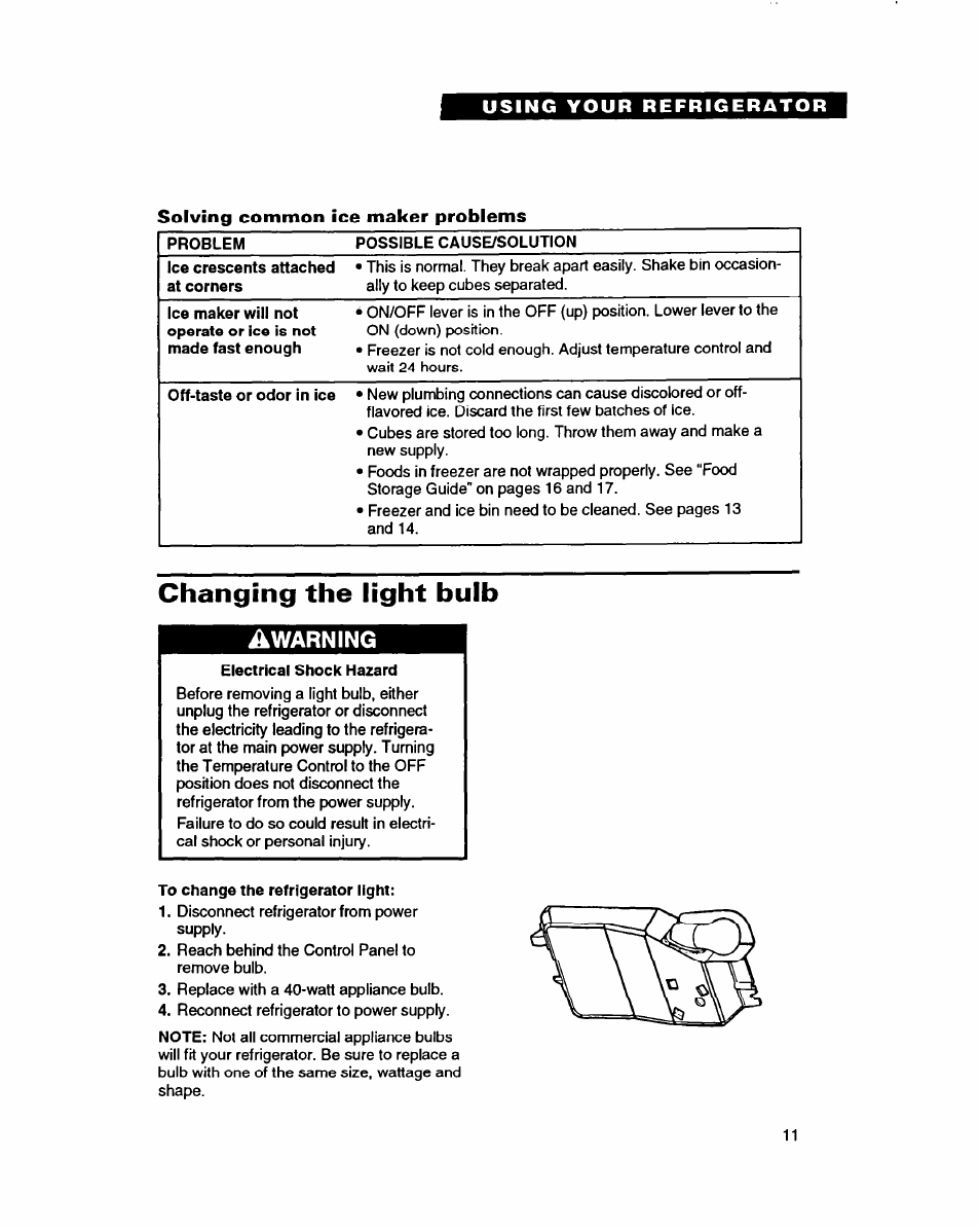 Solving common ice maker problems, Changing the light bulb | Whirlpool RT14GD User Manual | Page 11 / 20
