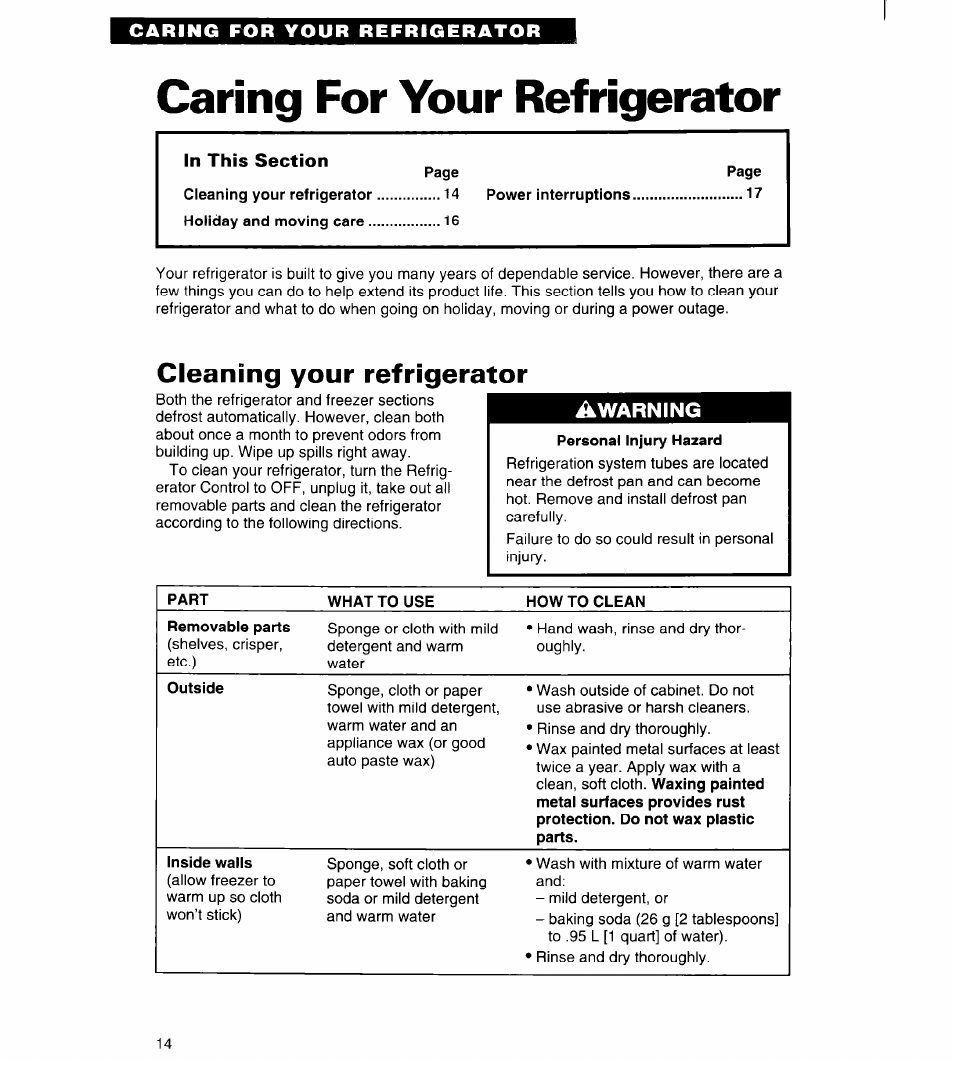 Caring for your refrigerator, Cleaning your refrigerator, Warning | Whirlpool 4ED20ZK User Manual | Page 14 / 22