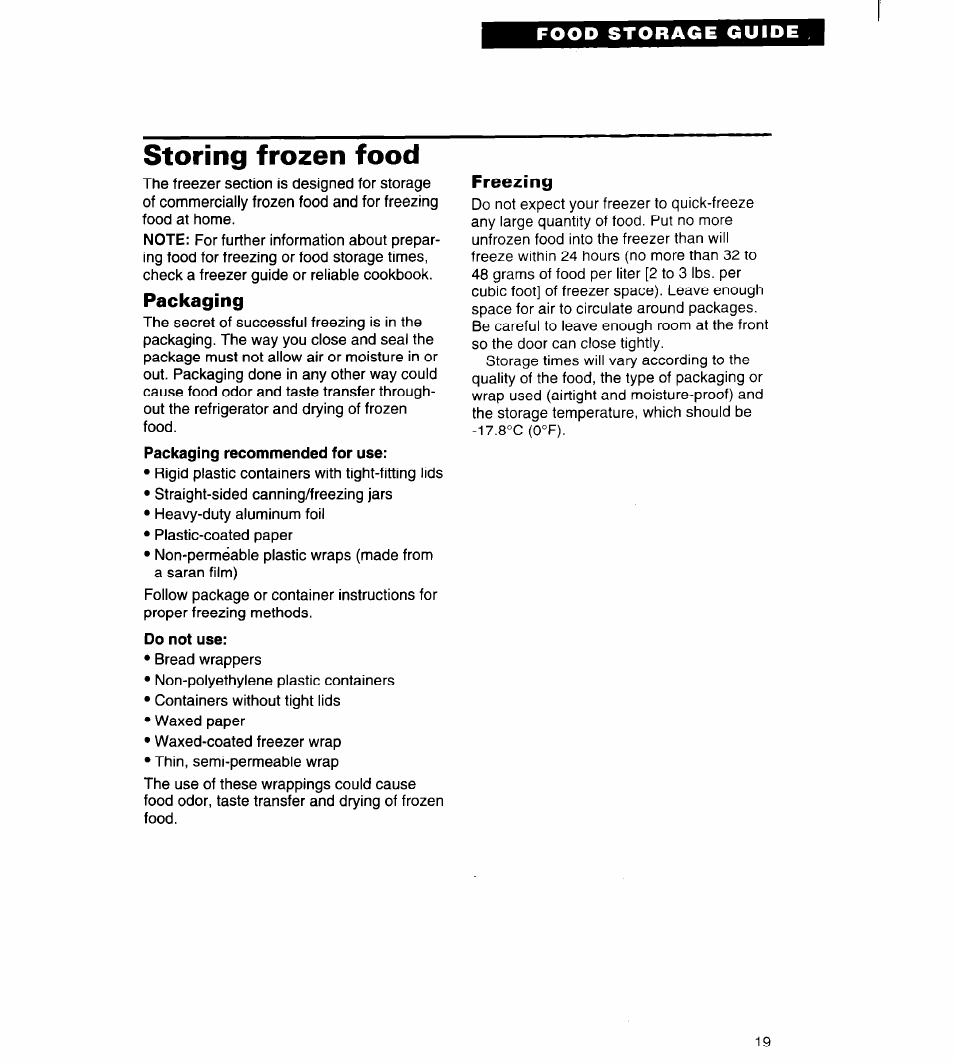 Packaging, Do not use, Freezing | Storing frozen food | Whirlpool 4ED20ZK User Manual | Page 19 / 22