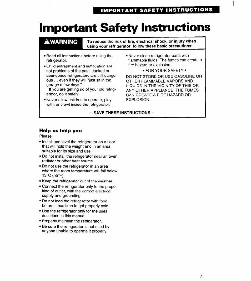 Important safety instructions, Save these instructions | Whirlpool 4ED20ZK User Manual | Page 3 / 22
