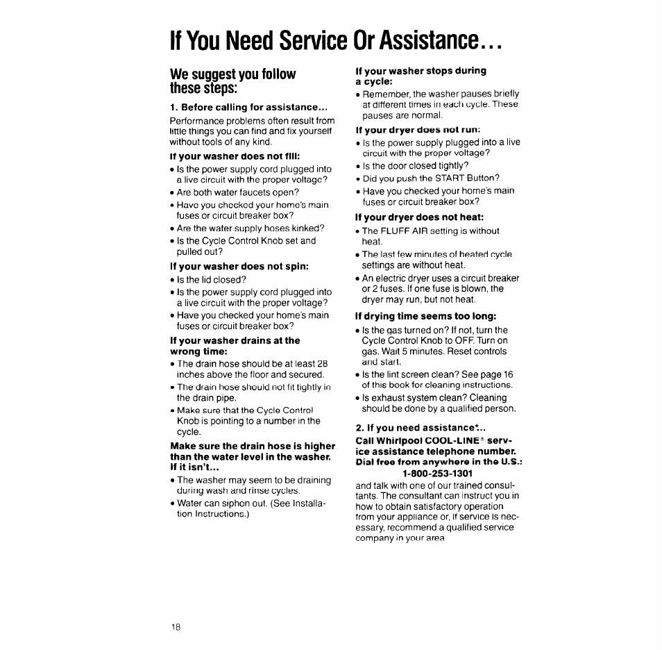 If you need service or assistance, We suggest you follow these steps | Whirlpool LT7OOOXT User Manual | Page 18 / 20