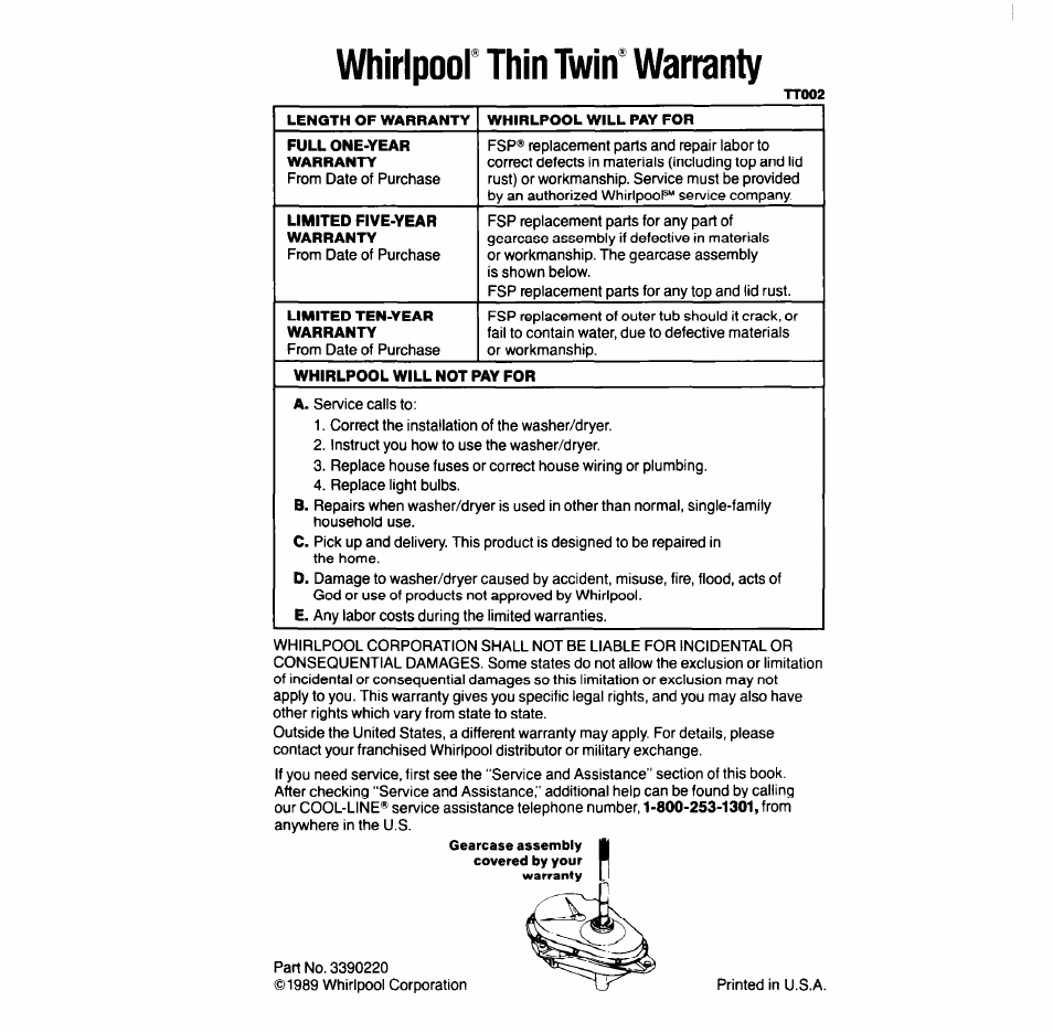 Whirlpoor thin twin’ warranty | Whirlpool LT7OOOXT User Manual | Page 20 / 20