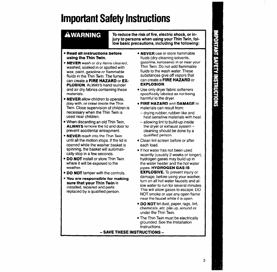 Important safety instructions, Read all instructions before using the thin iwin, Save these instructions | Warning | Whirlpool LT7OOOXT User Manual | Page 3 / 20