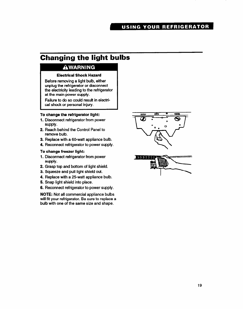 Changing the light bulbs | Whirlpool ET25DQ User Manual | Page 19 / 28