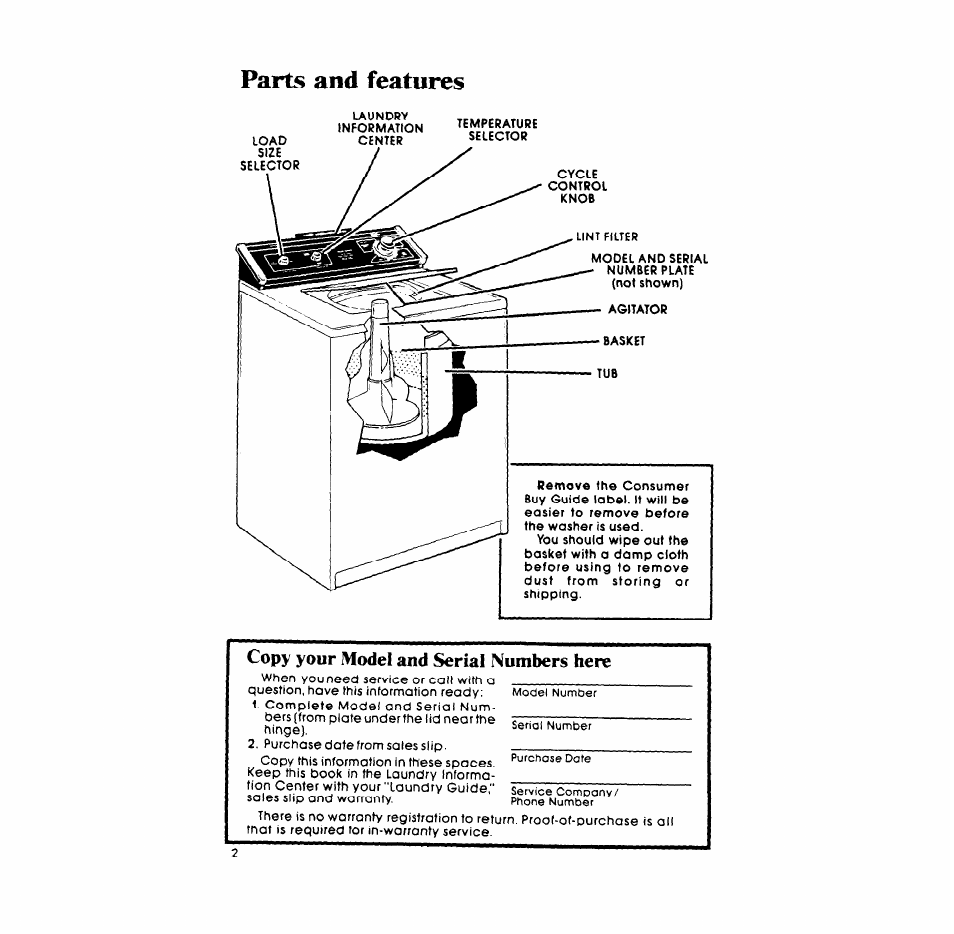 Parts and features, Copy your model and serial numbers here | Whirlpool LA558oXP User Manual | Page 2 / 16