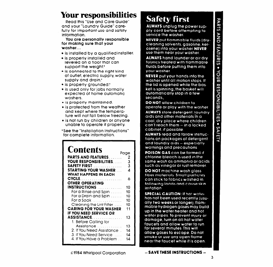 Your responsibilities, Safety first, Save these instructions | Safety first contents | Whirlpool LA558oXP User Manual | Page 3 / 16